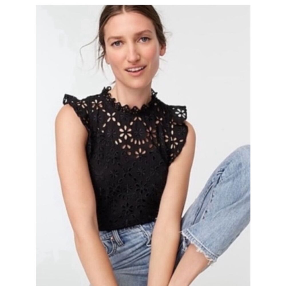 J. Crew NWT Black Eyelet Crochet Lace Sleeveless Top Women’s Medium High Neck